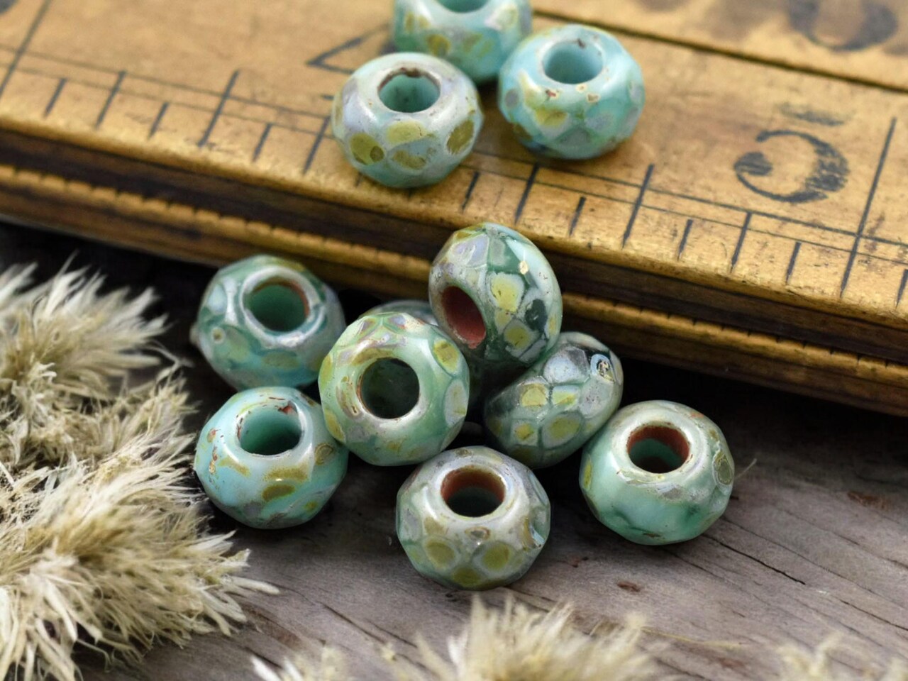 *25* 5x8mm Green Turquoise Picasso Faceted Large Hole Rondelle Roller Beads